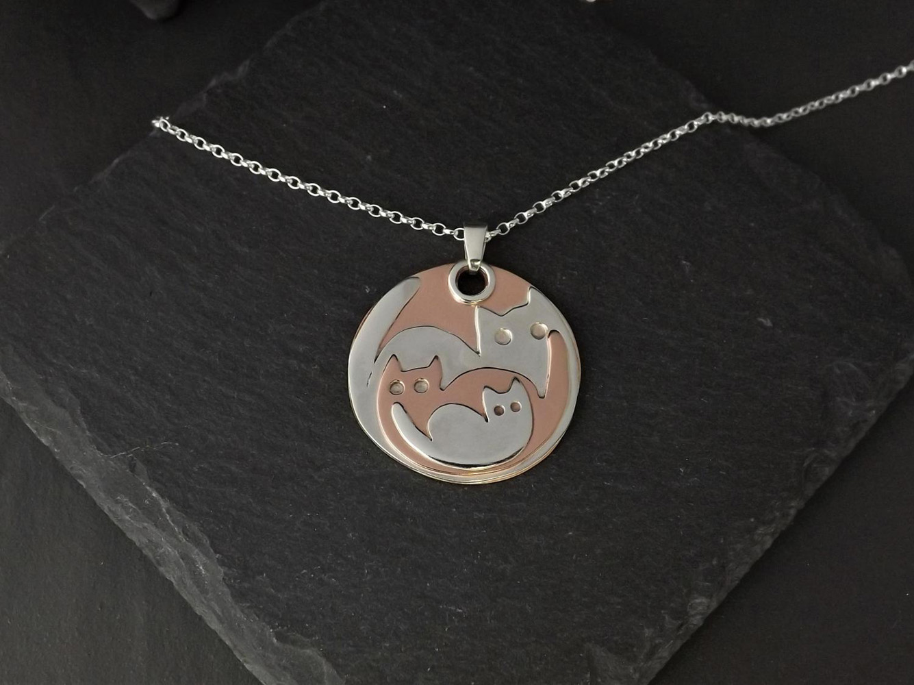 Cat Family Necklace, Handmade Silver and Copper Cat Pendant on Chunky 20 inch Chain